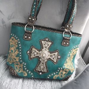 Turquoise Faux Leather Shoulder Bag w/ Metal Cross